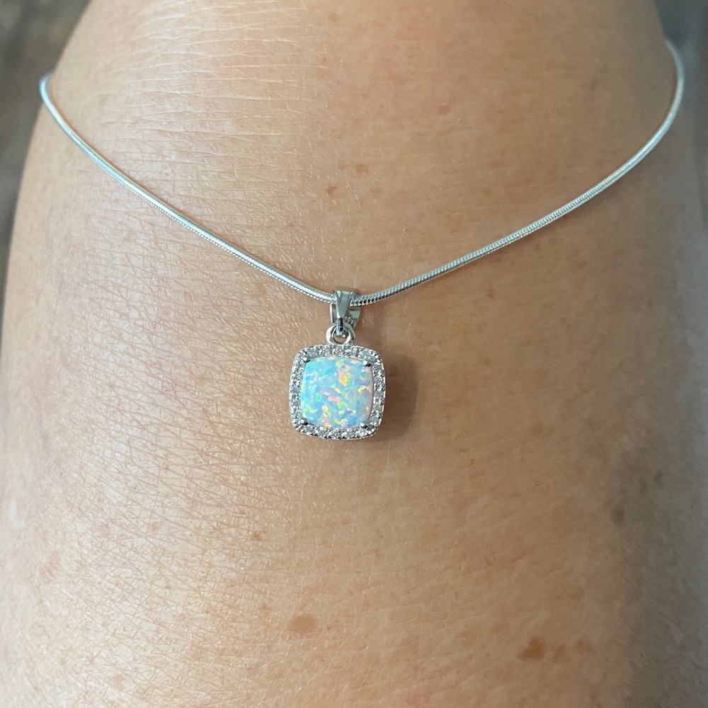 Sterling Silver Small Square White Lab Opal Necklace with CZ, Silver Chains